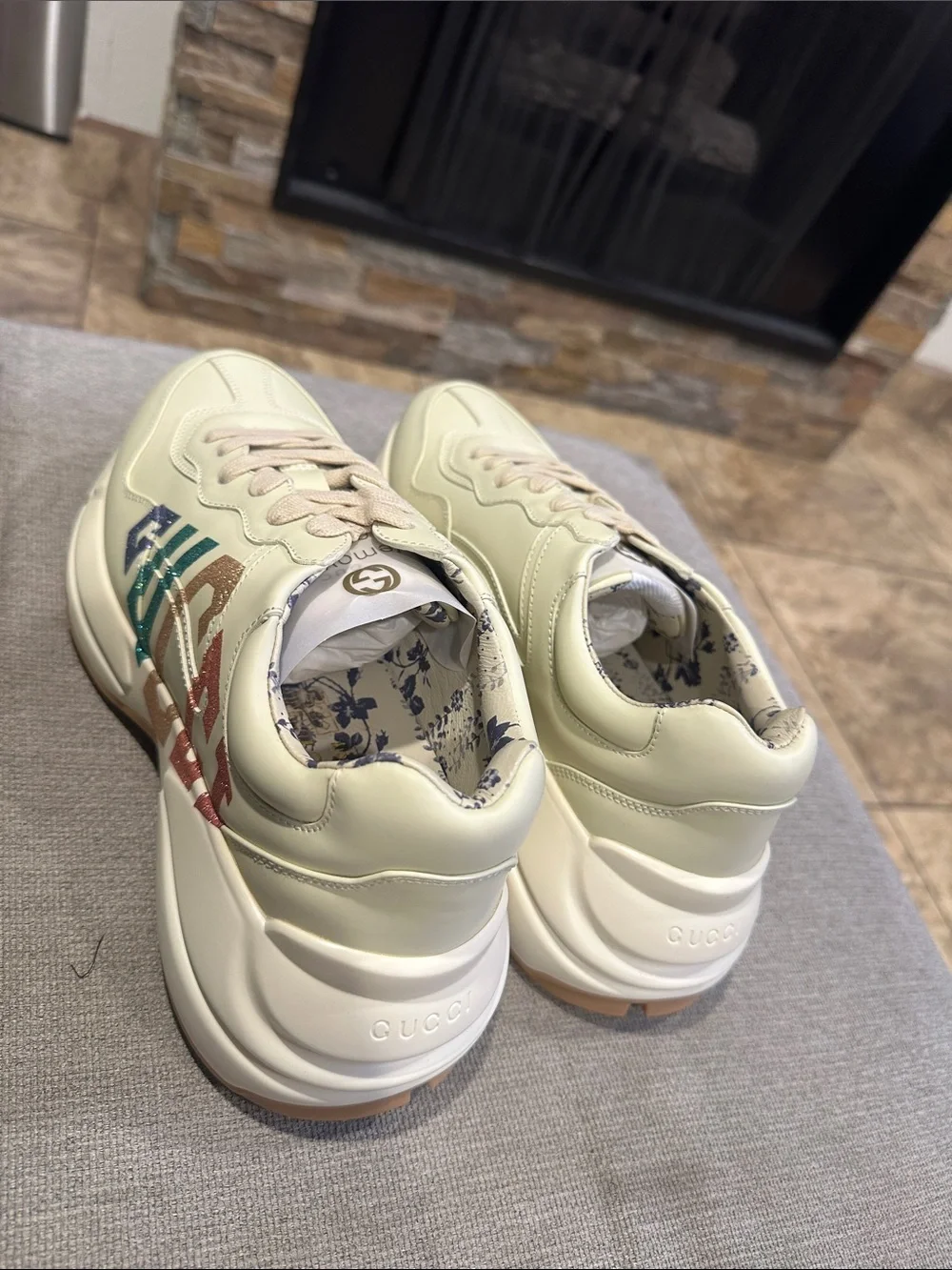 Ivory Leather Sneaker with Multicolor Logo size 40